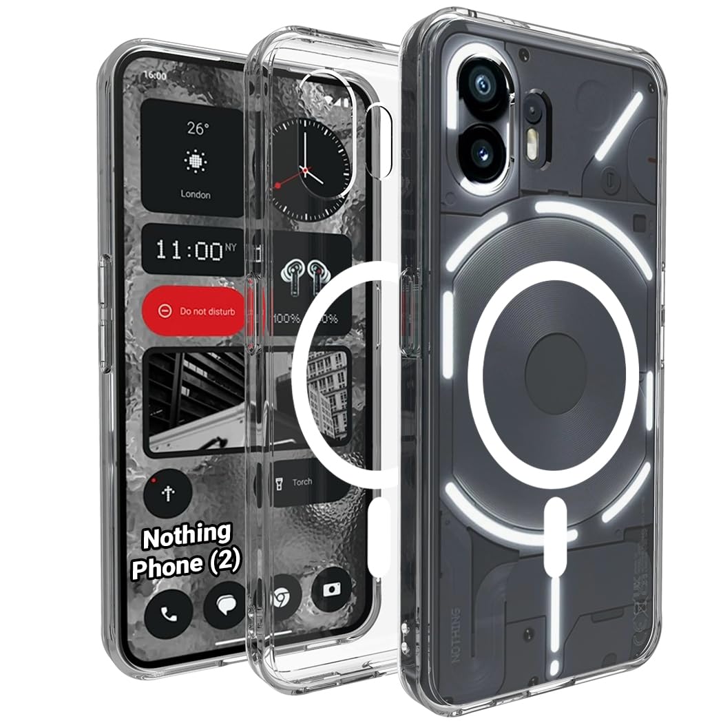 RIGGEAR Shockproof Clear Hybrid Armor Magnetic Back Cover Case Compatible with MagSafe Accessories for Nothing Phone 2 (Transparent PC + Clear TPU Bumper)