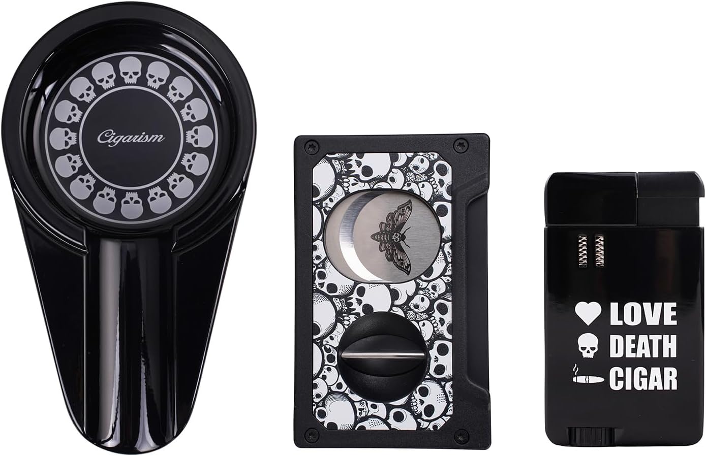 Creative Cigar Lighter Cutter Ashtray Set, Smoking Accessory Kit Limited Collection (Skull)