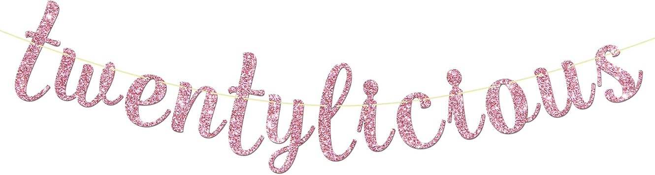 Maicaiffe Twentylicious Banner - Happy 20th Birthday Party Decor - 20th Wedding Anniversary Party Decorations, Pink Glitter