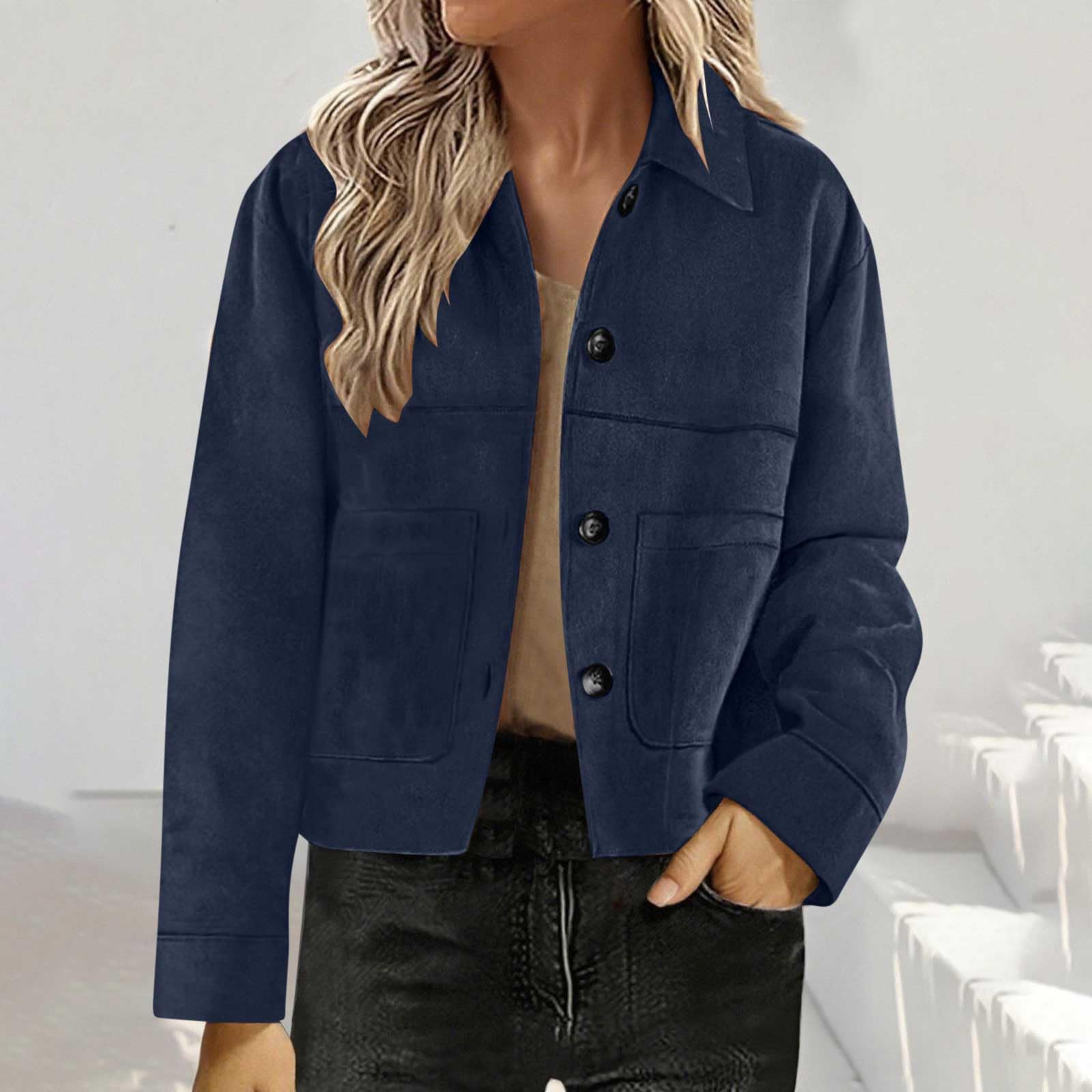 RLEHJN Veste Courte En Daim Pour Femme Veste Mi Saison Bouton Manteau En Faux Daim À Revers Vestes Décontractée À Manches Longues Jacket Couleur Unie Vêtement D'extérieur Pour Automne Hiver