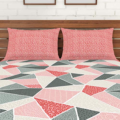 Image of Spaces Atrium 144 TC 100% Cotton King Size Fitted Double Bedsheet with 2 Pillow Covers (Geometric, 72 inch X 78 inch Inches ) - Peach