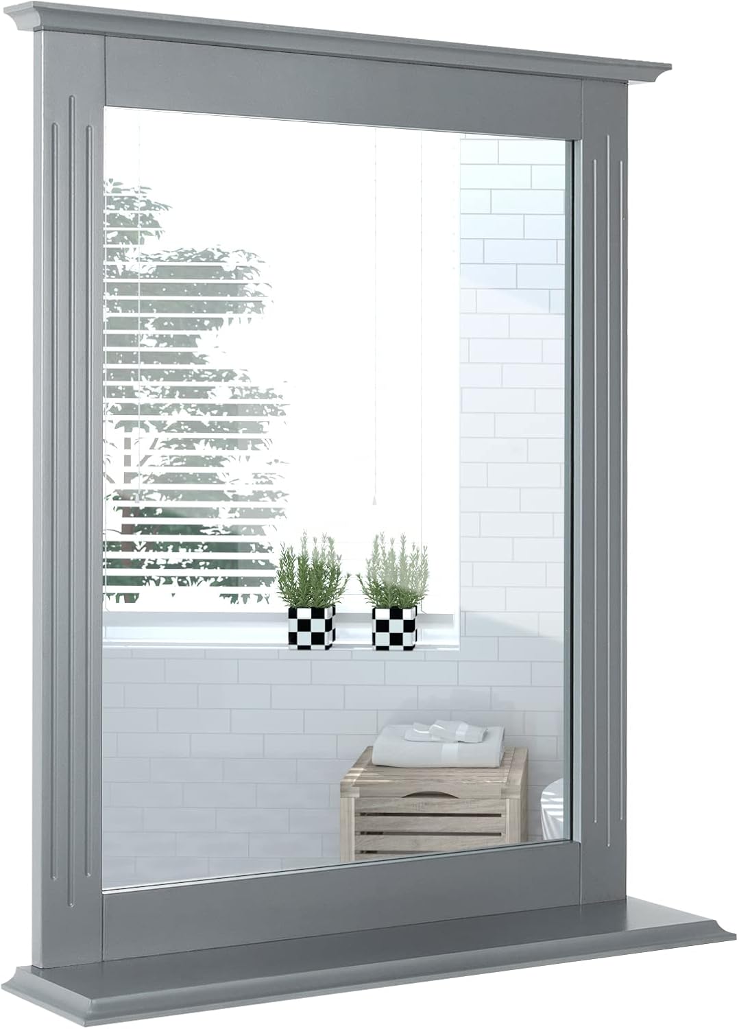 COSTWAY WallMounted Bathroom Mirror, 57x68cm Wooden Frame Hanging