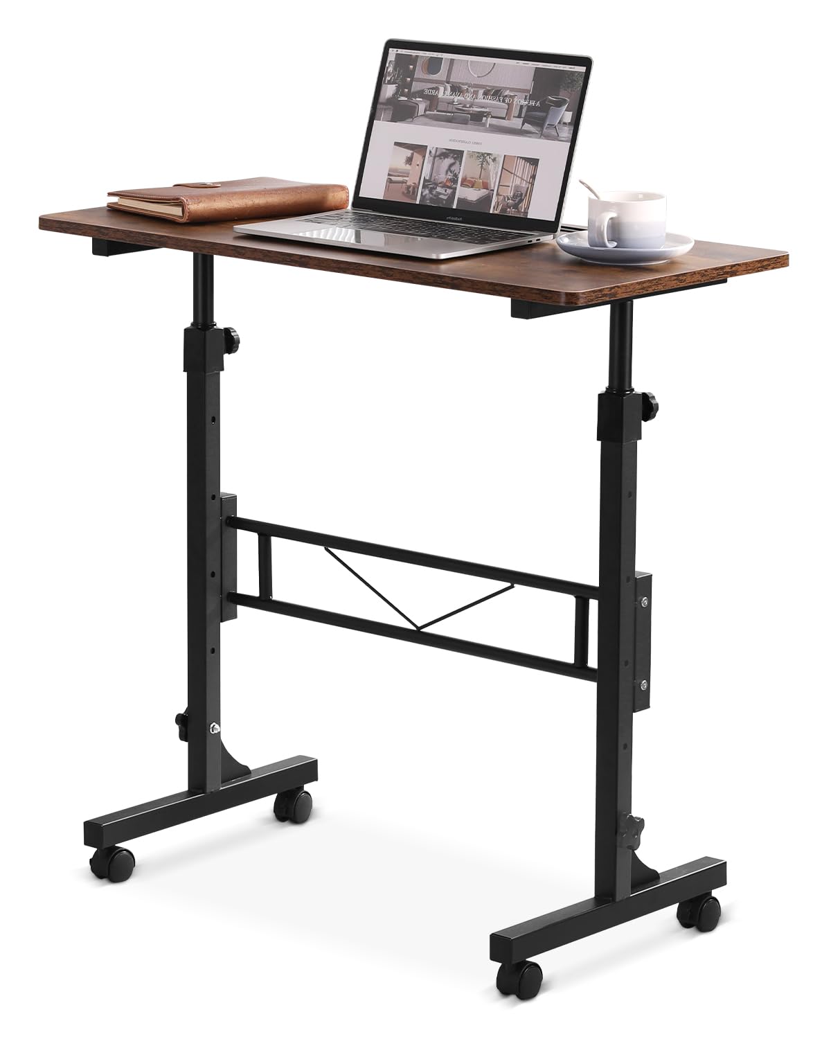 Amztabler Small Standing Desk Adjustable Height, Mobile Stand Up Desk with Wheels, 32 Inch Portable Rolling Desks for Walking Pad Treadmill Wood Rustic