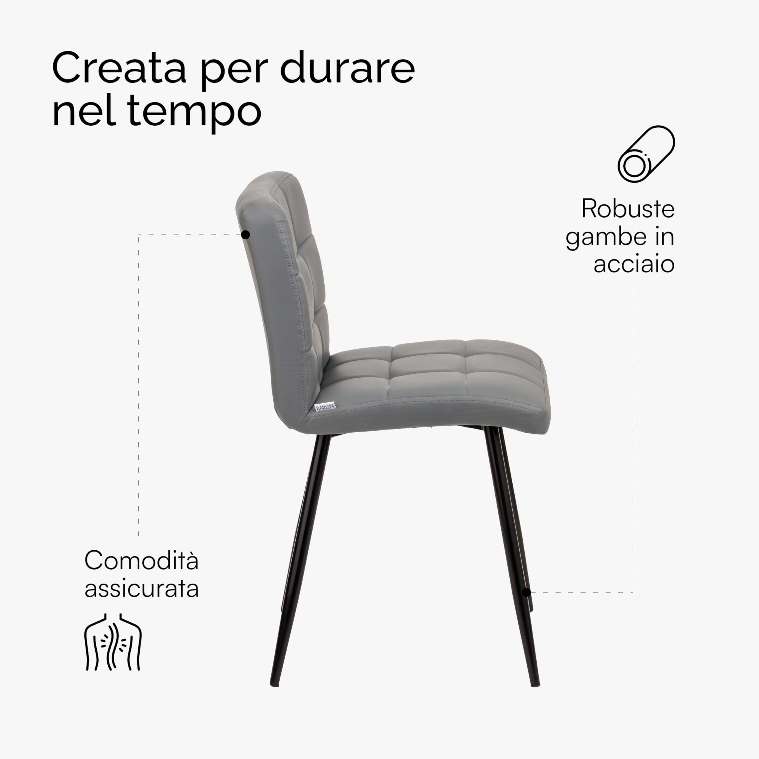 Baroni Home Sedia Moderna con Rivestimento in Ecopelle e Gambe in Acciaio Nero, Poltrona da Soggiorno, Camera da Letto, Sala da Pranzo, Grigio, 44x80x39 cm
