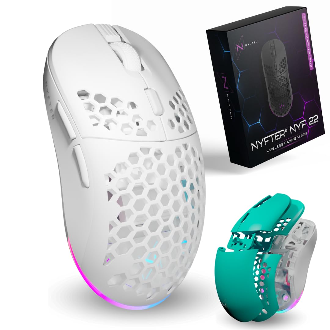 Nyfter - NYF22 Turquesa Blanco Wireless Gaming Gen2 Mouse Ultraligero 75 g Potente con 400 mA 19K DPI, 400 IPS 1000 Hz 50 h Duración de la batería Duradera Dos Cases intercambiables Incluye