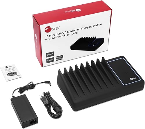 Miniatura 8 de SIIG Estación de carga USB de 10 puertos de 90 W con Qi inalámbrico y carga USB C, cubierta de luz ambiental compatible con iPhone, iPad, Samsung