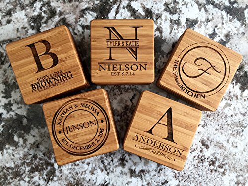 Monogram Wood Coasters for Drinks - Personalized Wedding-Gifts, Bridal Shower-Gifts (Set of 4, Jenson Design)