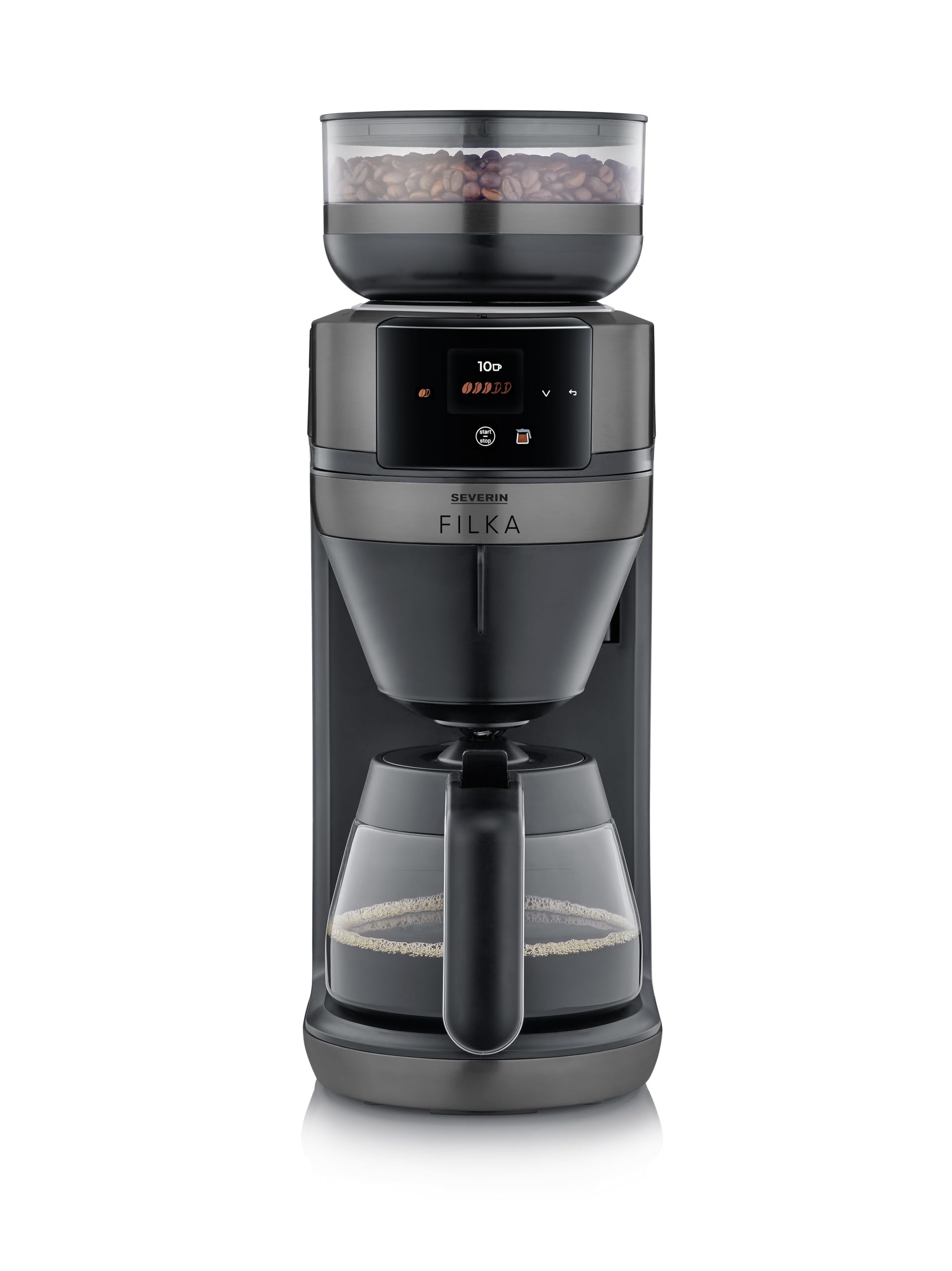SEVERIN Filterkaffeemaschine, mit Mahlwerk und Glaskanne, 5 Kaffeestärken, farbiges Touch-Display, einfache Bedienung, 100-350ml Tassen, Warmhaltefunktion, dark inox/matt/schwarz, Filka, KA 4854
