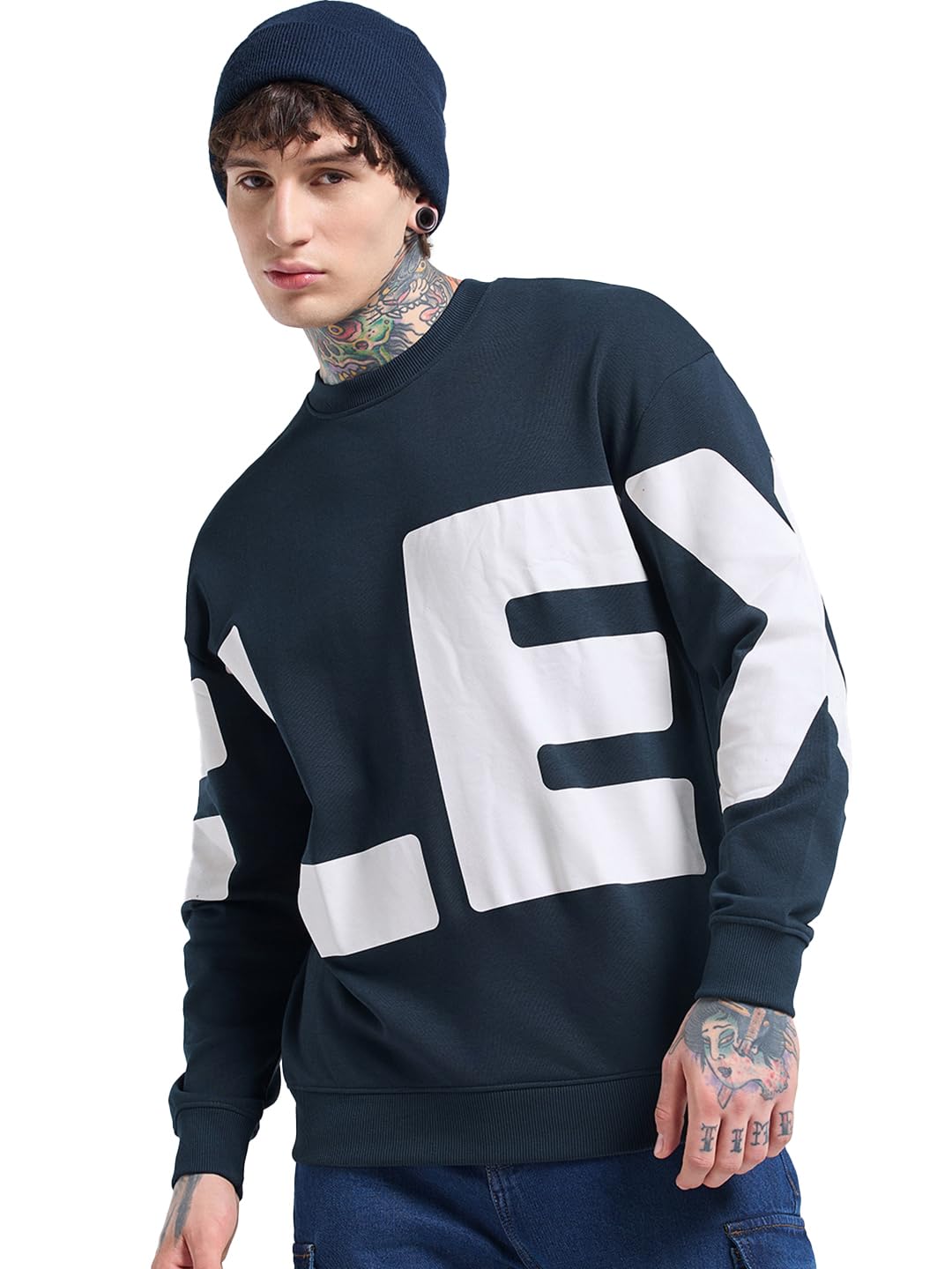 Bewakoof Men's Typography Oversized Fit Full Sleeve Round Neck Cotton Sweatshirt-image-21