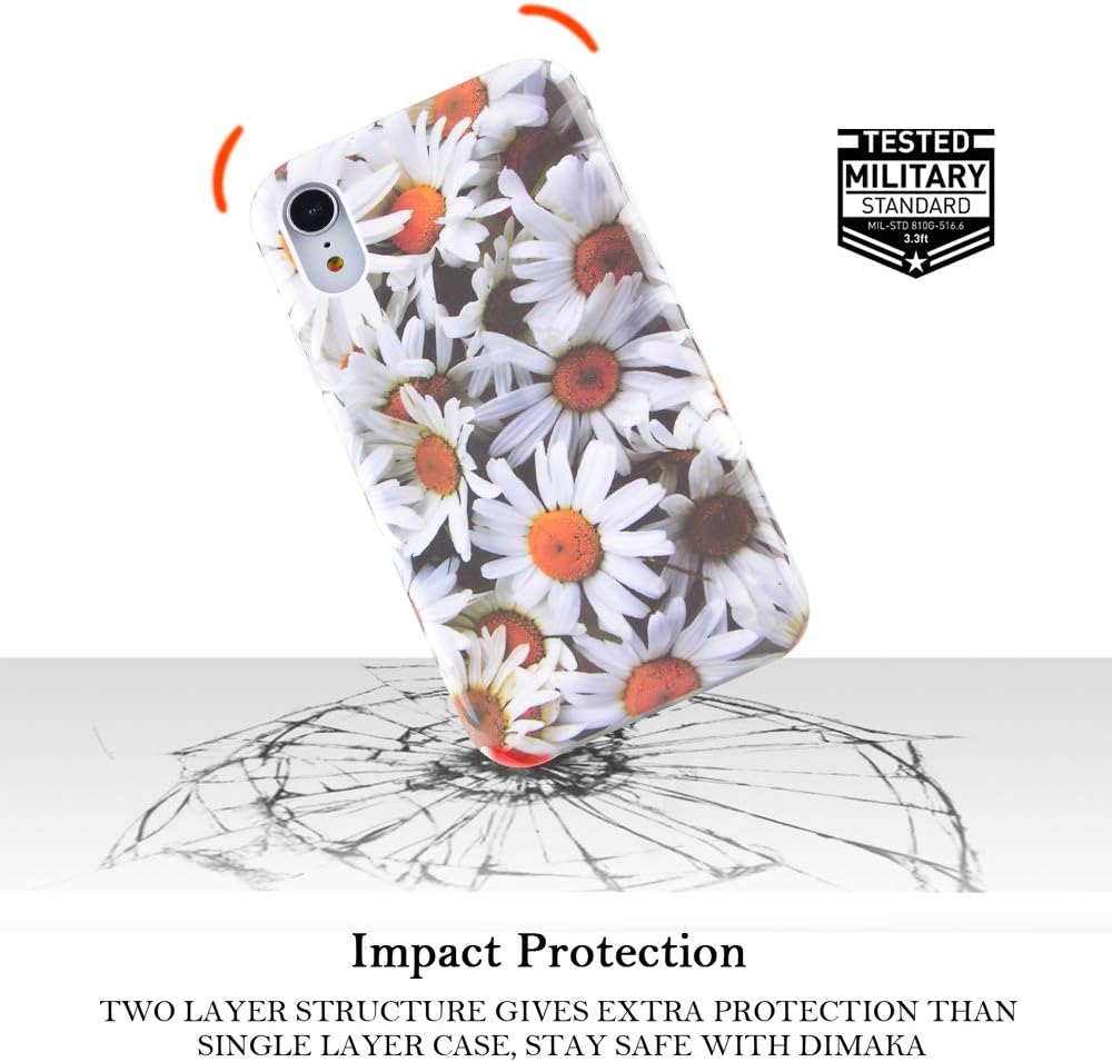 Dimaka Case for iPhone XR,Dual Layer Cute Floral Daisies Flowers Design for Girls,Hybrid Shockproof Hard PC Soft TPU High Impact Protective Case for iPhone XR(15, iPhone XR)