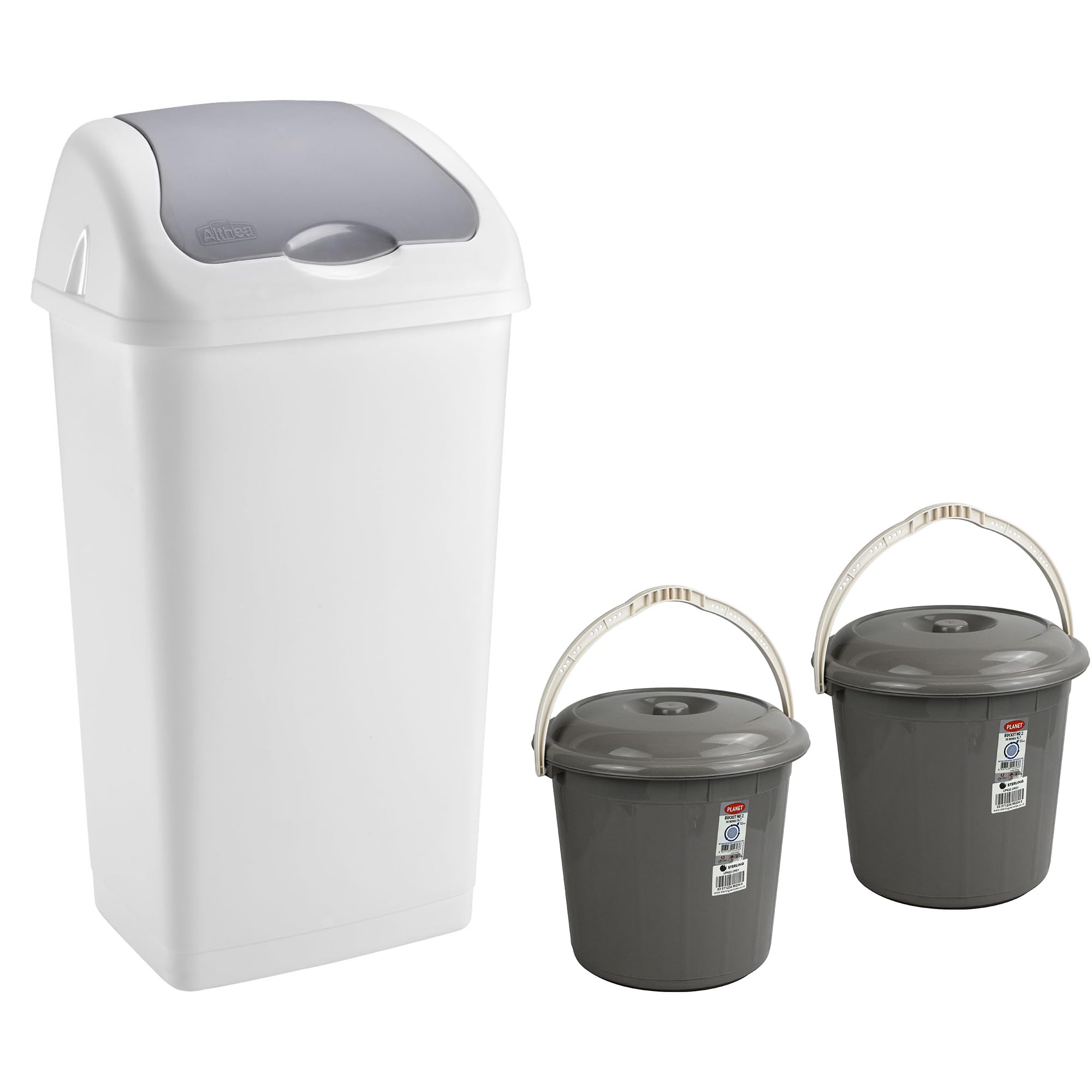 Catergold White & Grey Bin & Buckets Set Swing Bin 60L And 2 Buckets 5L Multipurpose With Lid (White & Grey)