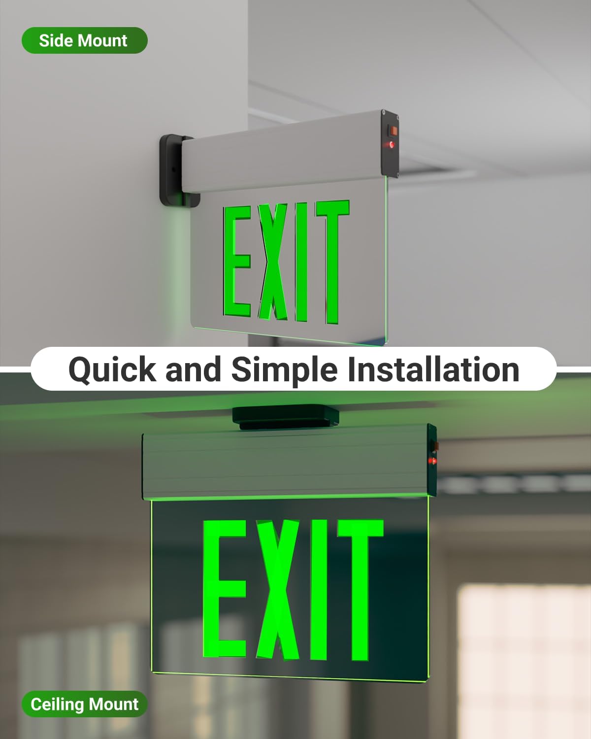 Sunco LED Edge-Lit Exit Sign, Illuminated Rechargeable Emergency Lights for Business, Double Sided Green Edge Lit Mirror, 90 Minute Emergency Time, 120-277V, Wall Or Ceiling Mount, UL
