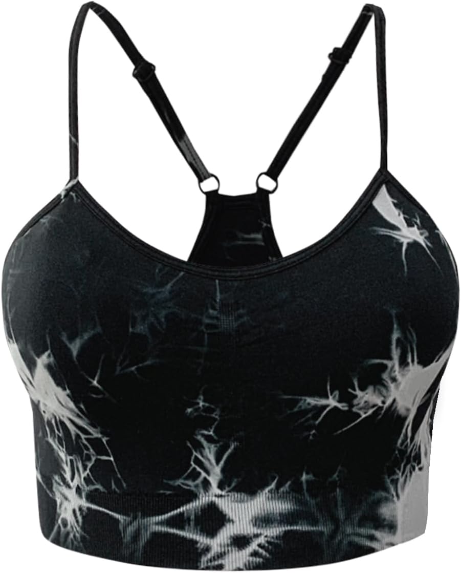 Women's Sports Bras Gym Yoga Crop Bra Seamless Tie-dye Strappy Racerback Spaghetti Strap Bras with Removable Pads