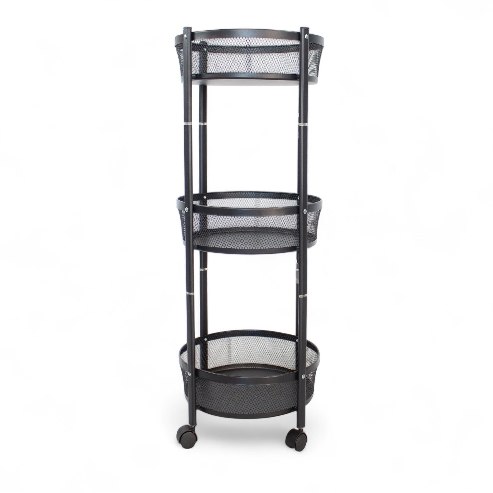 Pincho Carrito Auxiliar con Ruedas Verdulero Cocina Metálico, Mueble Auxiliar De Cocina, Estanteria con Ruedas 3 Niveles Plegable, Carro Almacenaje Rodante Negro - Metal 3 Bandejas Redondas