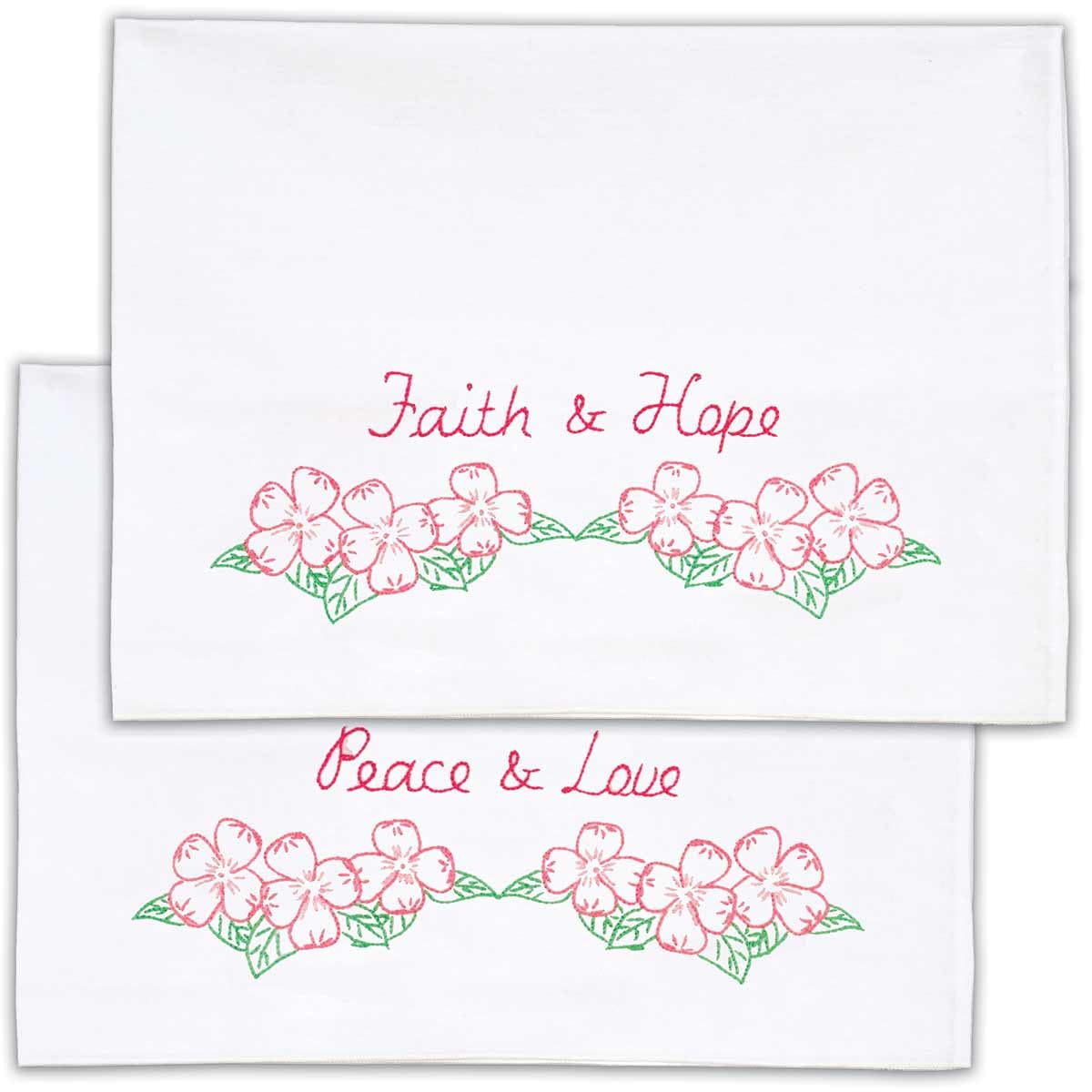 Jack Dempsey Stamped Pillowcases W/White Perle Edge 2/Pkg-Faith, Hope, Peace & Love