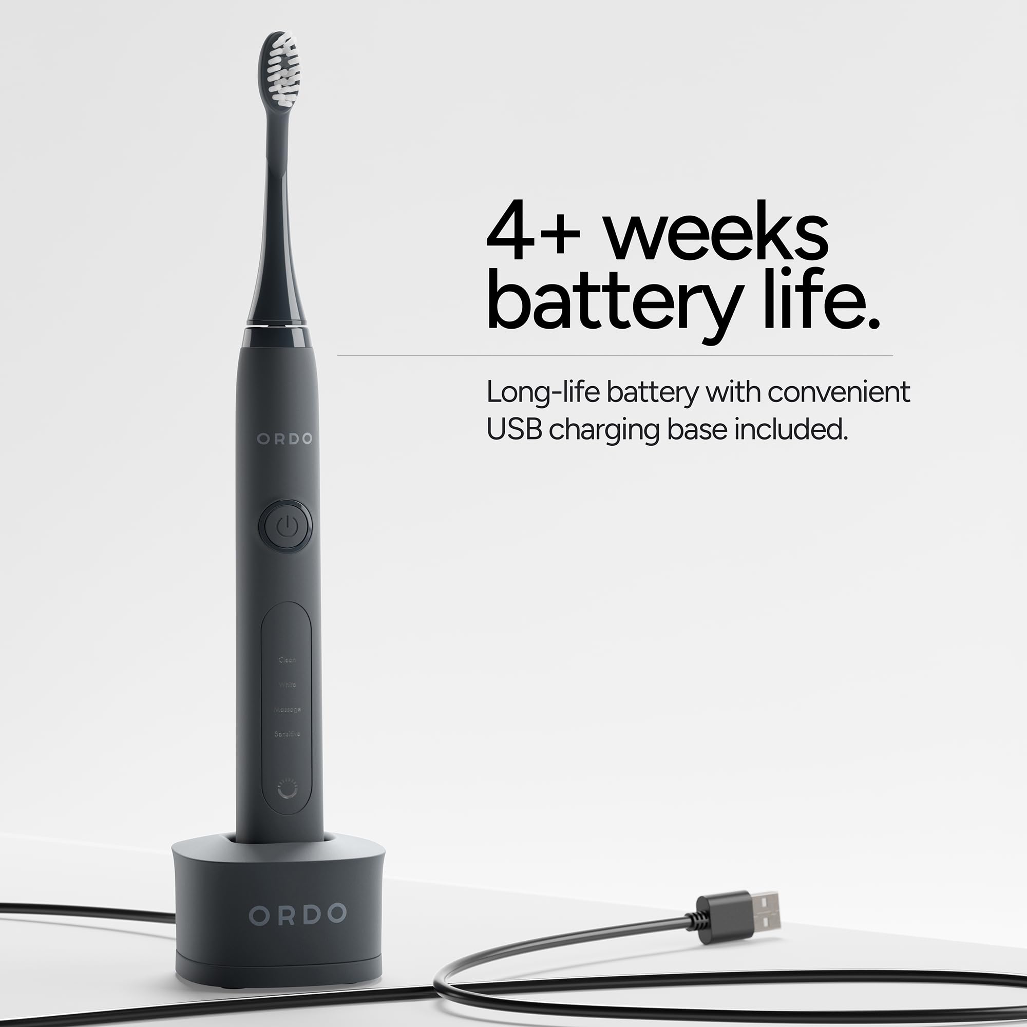ORDO Sonic Electric Toothbrush Advanced Smart Tech with 4 Brushing Modes Fast Rechargeable Battery and Silicone-Polishing Element USB Charger for Adults Black Charcoal Grey