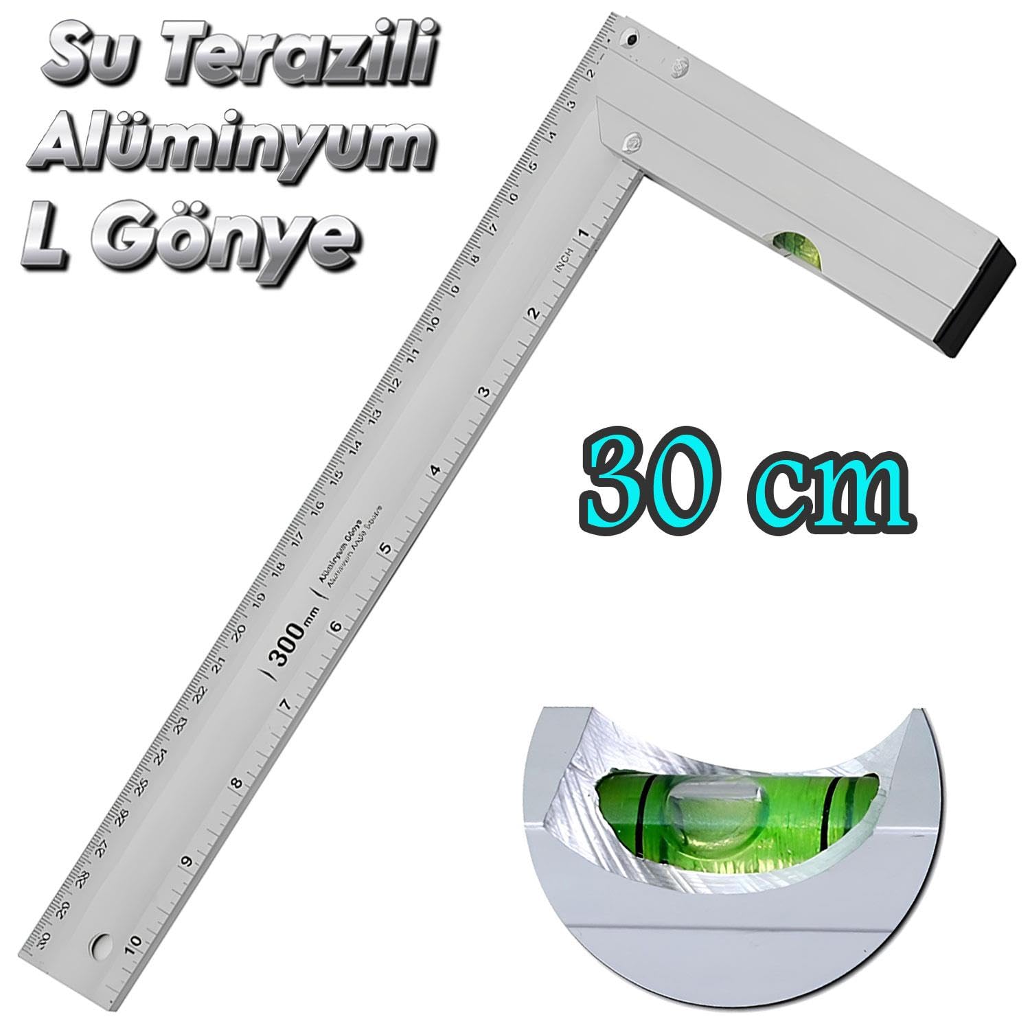 Badem10 Alüminyum L Gönye Su Terazili Cetvel Kaynak Kaynakçı Marangoz Gönyesi 300 mm