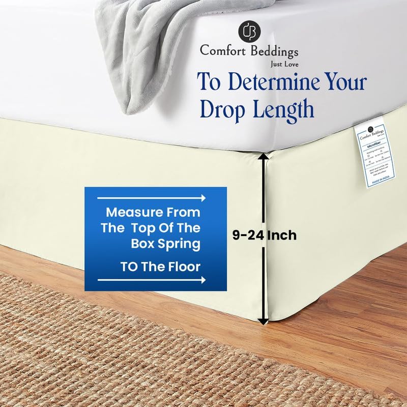 17 Inch Drop Bed Skirt Queen Size with Platform to Stay in Place Elegant Pleated Design with Split Corners Wrinkle Resistant Fabric for Modern and Stylish Look - Ivory