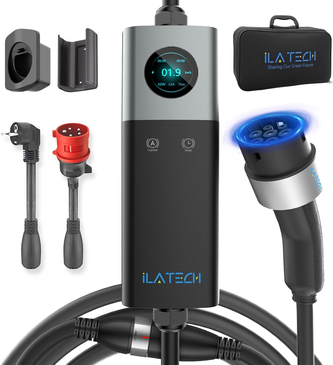 Mobile Wallbox 22kW, EV Ladegerät 32A für EV PHEV mit Typ 2 Ladekabel 5M, LCD Display, IP66 Wasserdicht mit Kabelhalterung Aufbewahrungstasche und Adapter CEE 32A Rot 3 Phasig + EU Schuko 16A