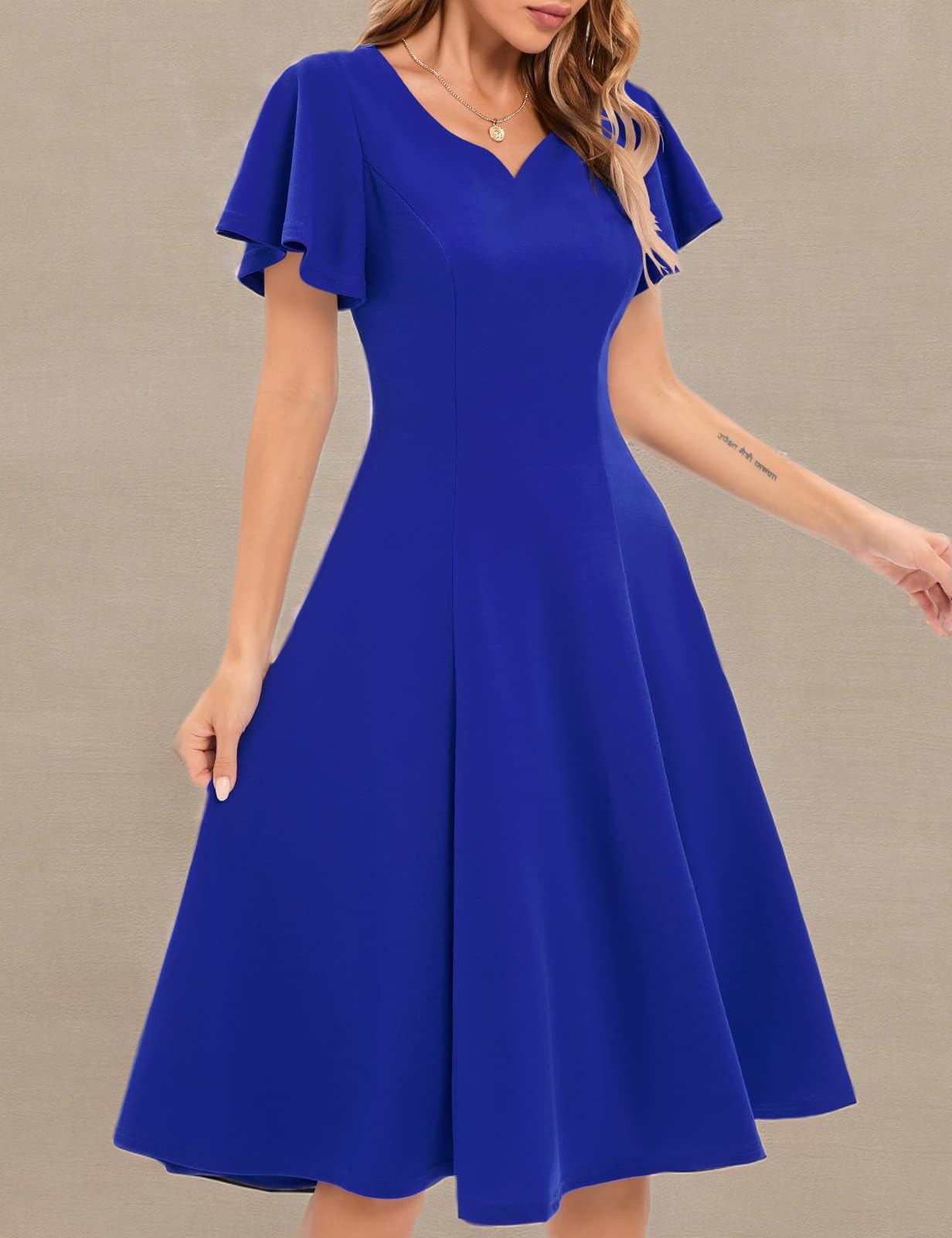 Homrain Damen Elegant Cocktailkleid 50er Jahre Rockabilly Knielang Vintage Kleid Faltenrock Retro Kleider V-Ausschnitt A-Line Abendkleid