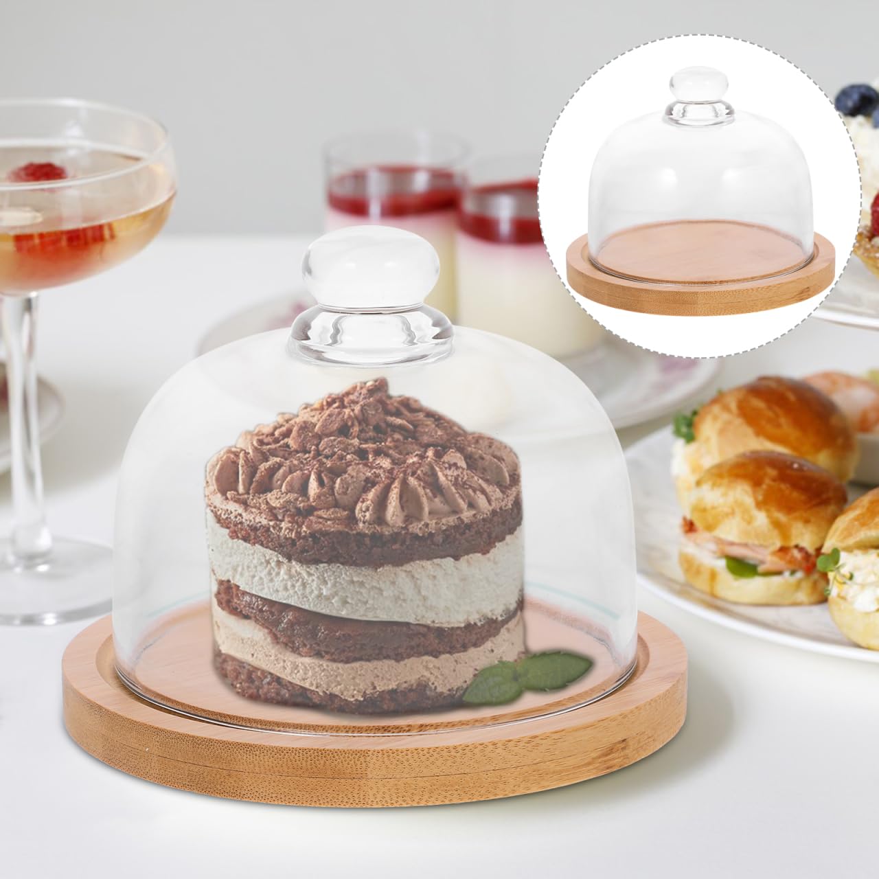 DOITOOL 1 Juego de cúpula de Vidrio con Base de Madera Mini Soporte para Tartas de Vidrio cúpula Cloche Cubierta de Transparente para Postre Queso, Dulces y Plantas suculentas