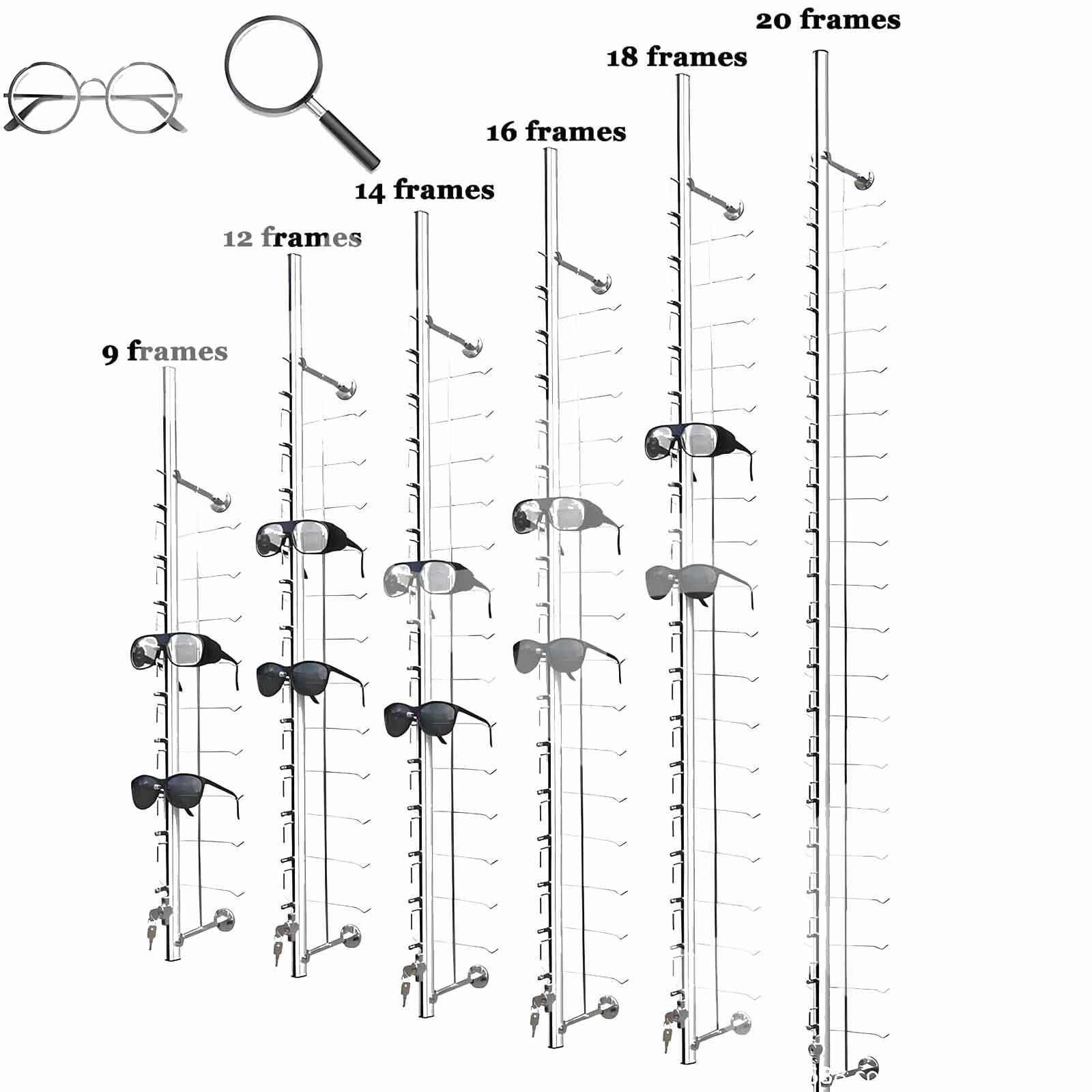 Soporte de exhibición de gafas, estante de aluminio para múltiples gafas de sol, uso en tiendas ópticas y centros comerciales, soporte seguro con cerradura