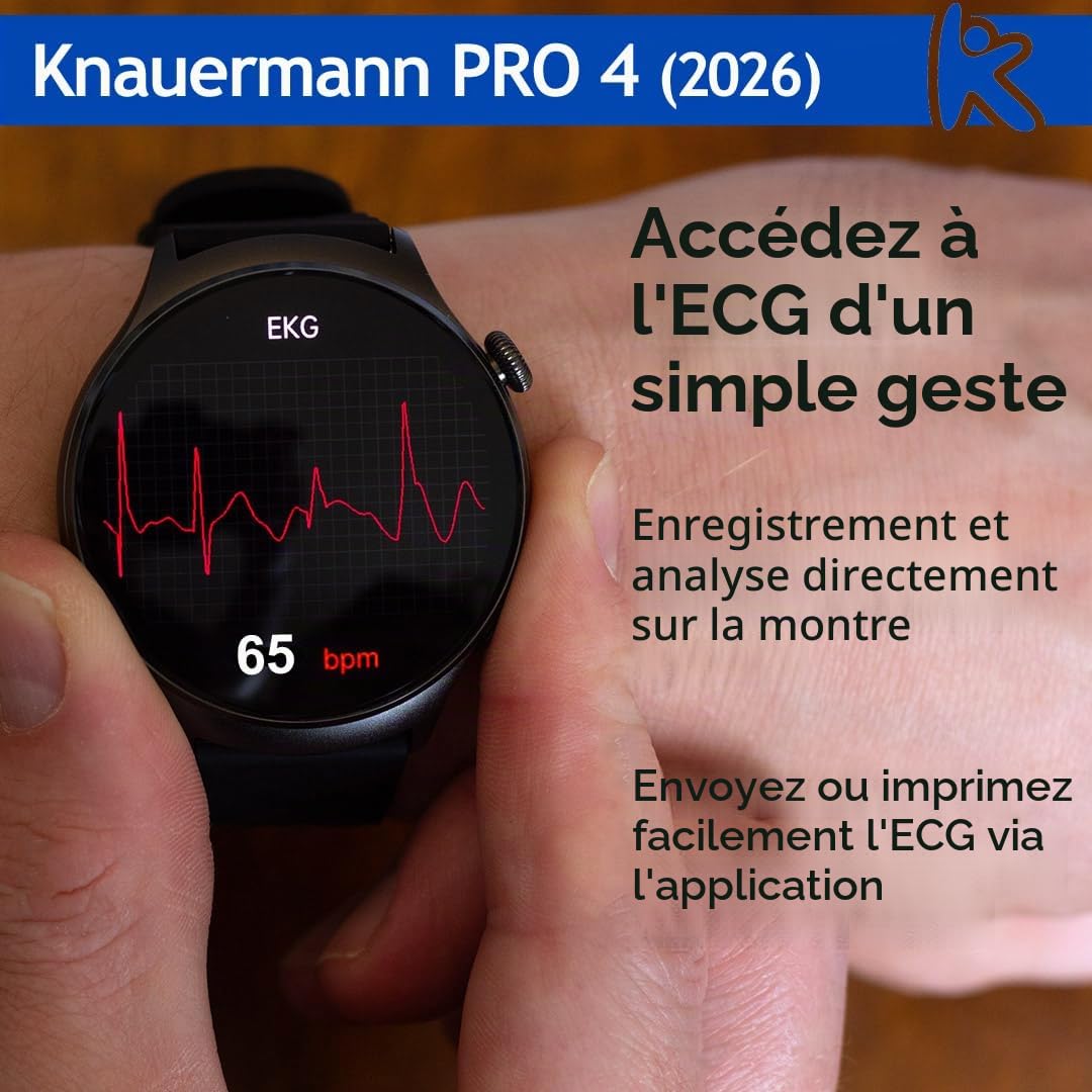 Knauermann Pro 4 - Montre de santé ECG avec Fonction téléphone - Montre Intelligente en Argent - Fréquence artérielle, Pression artérielle, oxygène sanguin, HRV, Analyse du Sommeil - pour Homme et
