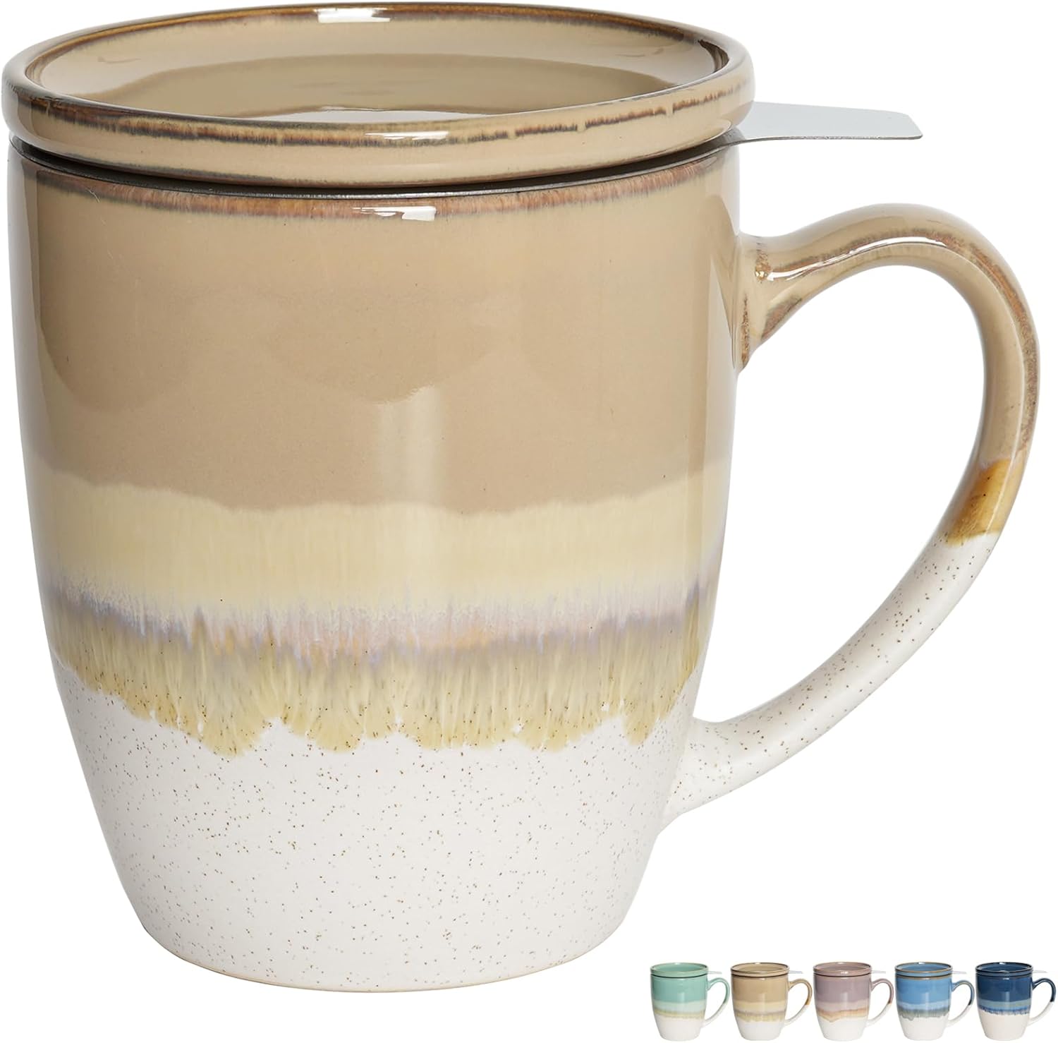 Bosmarlin Taza de té de cerámica con infusor y tapa, 16 onzas, 5 colores a elegir, apta para lavavajillas y microondas, esmalte reactivo, taza de té
