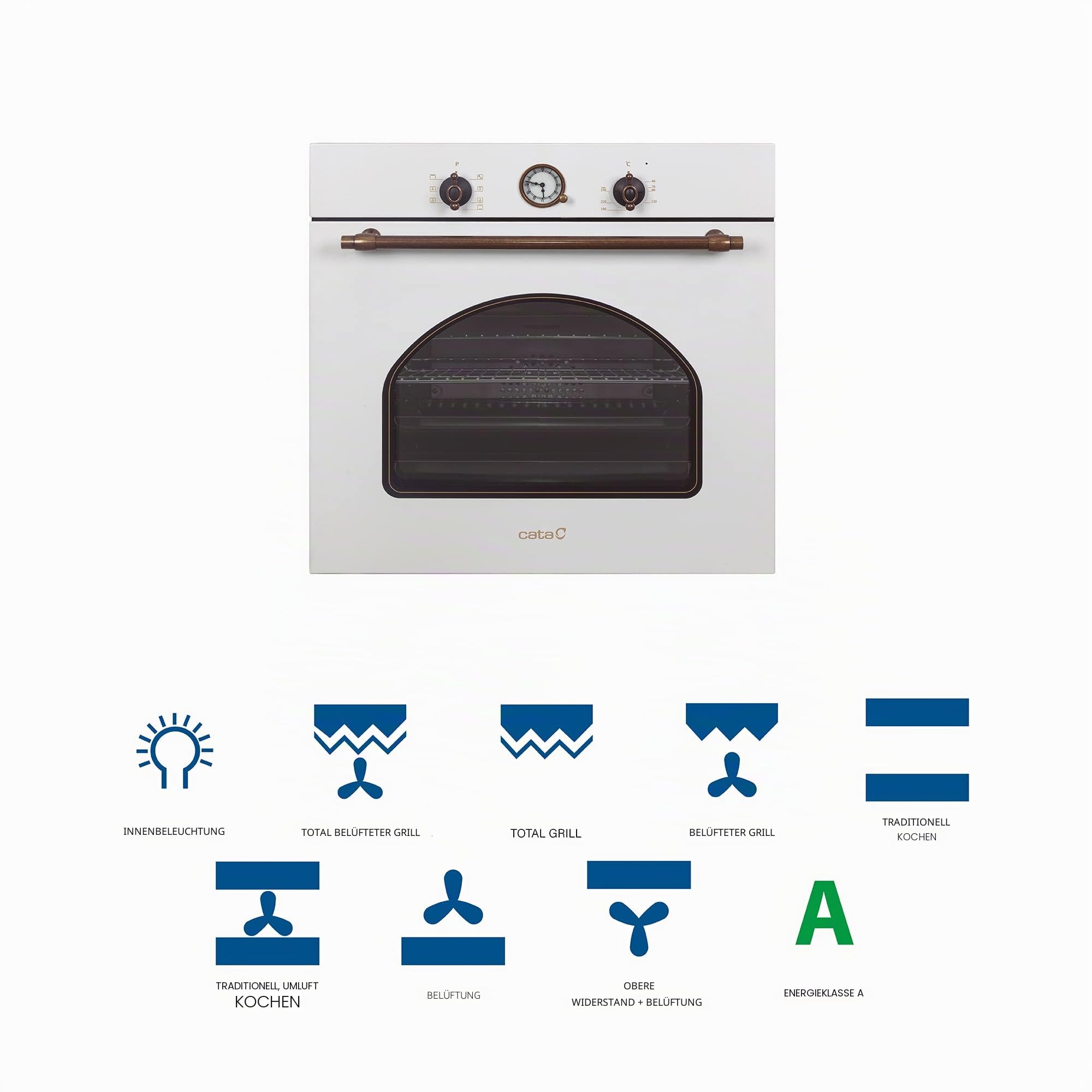 CATA MRA7108WH Einbaubackofen Elektro in Rustikalem Weiß Energieklasse A 7 Funktionen und Mechanisches Garprogramm Umluftofen mit 5 Höhenstufen und 60 L Fassungsvermögen
