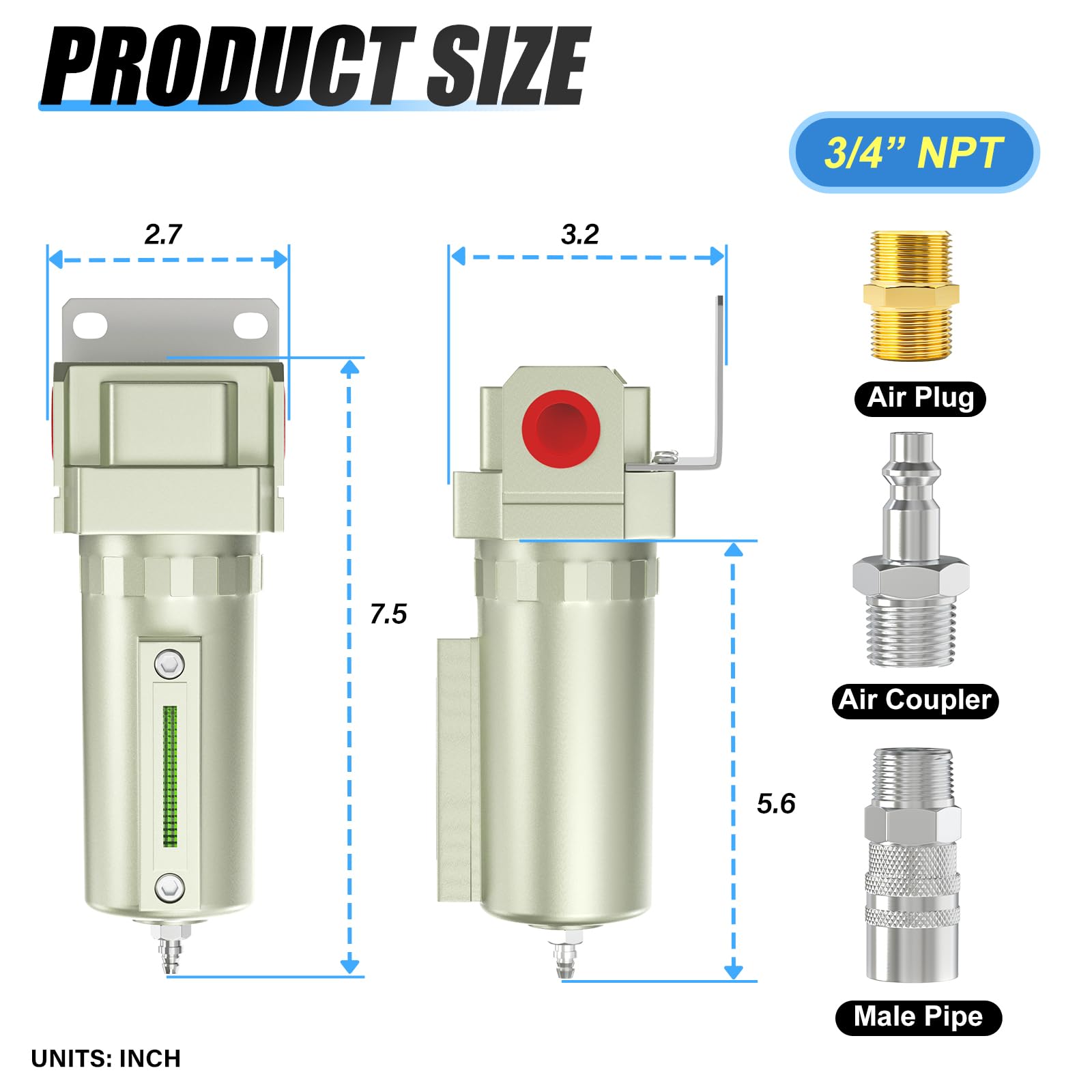 MEANLIN - Filtro di umidità per compressore d'aria in alluminio, filtro della linea dell'aria di scarico manuale, ingresso NPT da 3/4 pollici con calibro 150 PSI e interruttore di spegnimento valvola