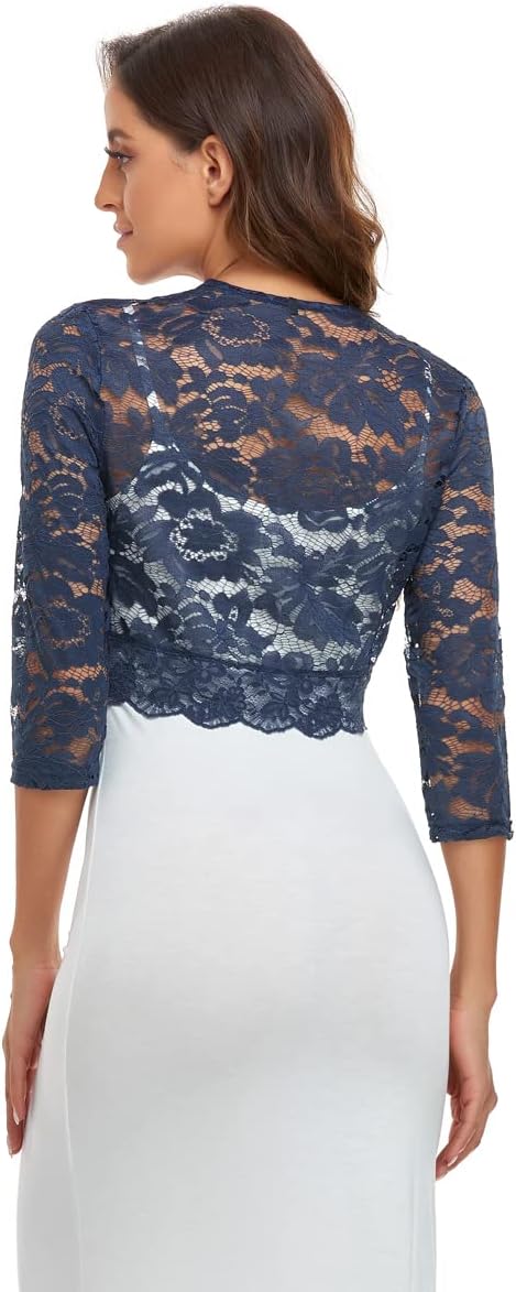 PEIQI Women's 3/4 Sleeve Sheer Crochet Lace Bolero Shrug Cropped Cardigan S-XXL - Image 5