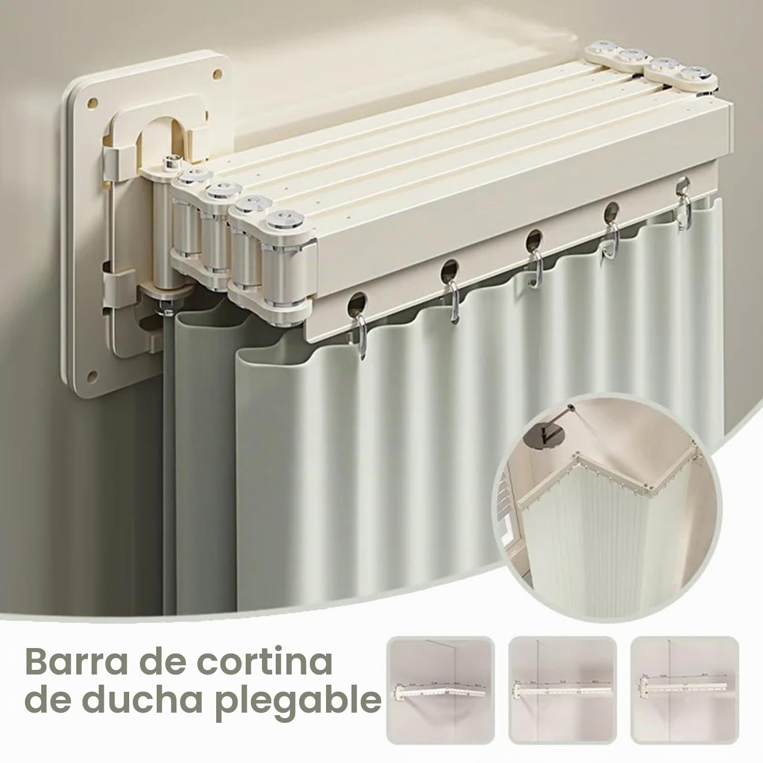 Cortina De Ducha Sin Taladrar Con Ventosa,Barra Cortina Ducha Con Ángulo Ajustable,Cortina Baño Fijación Con Ventosa,Impermeable Antimoho Para Esquinaesquina/Hotel/Baño(Blanco,92cm,3 Pieghe)