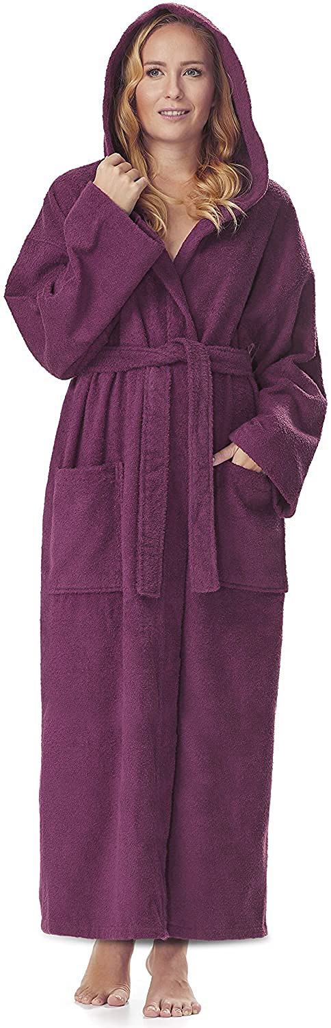 Arus Women`s bathrobe with hood, calf length, 100% cotton terry towelling, plum, S-M