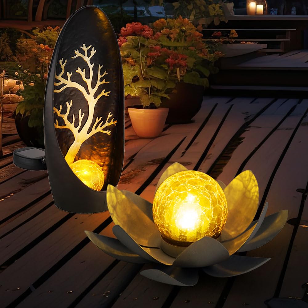 GLOBO Solarleuchte Lotusblume Außen Garten Dekoleuchten Solar Außenleuchte Solar Blume, Crackle Glas Lichteffekt, 1x Lotusblume 1x Stehlampe, LED warmweiß, 2er Set