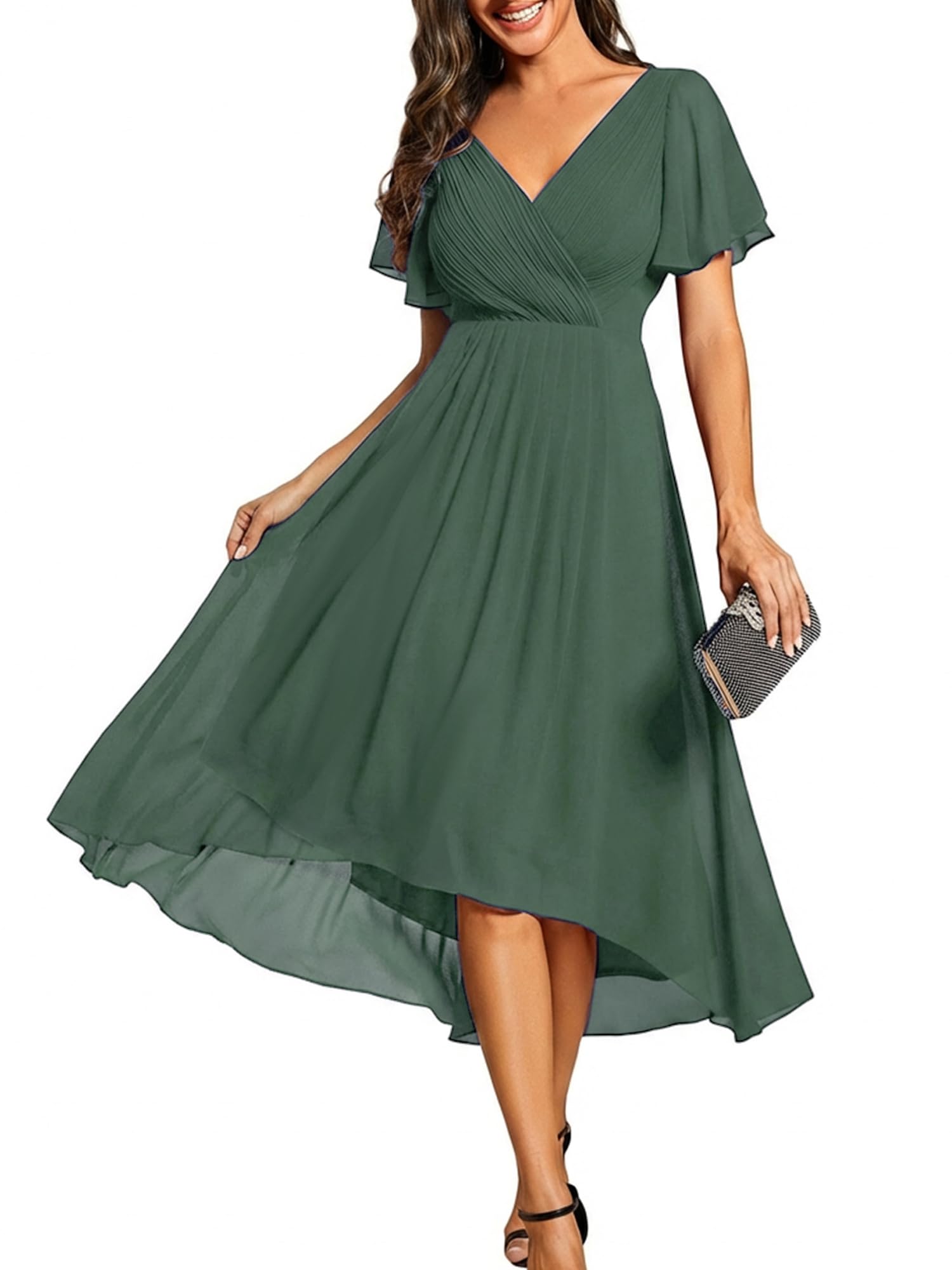 Ever-Pretty Women's Summer Chiffon Formal Wedding Guest Dresses Pleated V-Neck Short Sleeves Cocktail Dress 01923