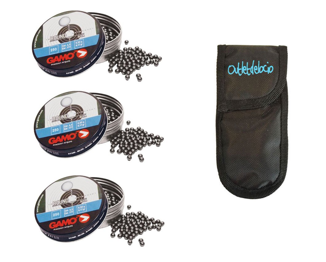 Outletdel ocio Pack 3 latas de 250 perdigones Gamo Round Bola 5,5mm. + Funda portabalines. 3-48394/23054