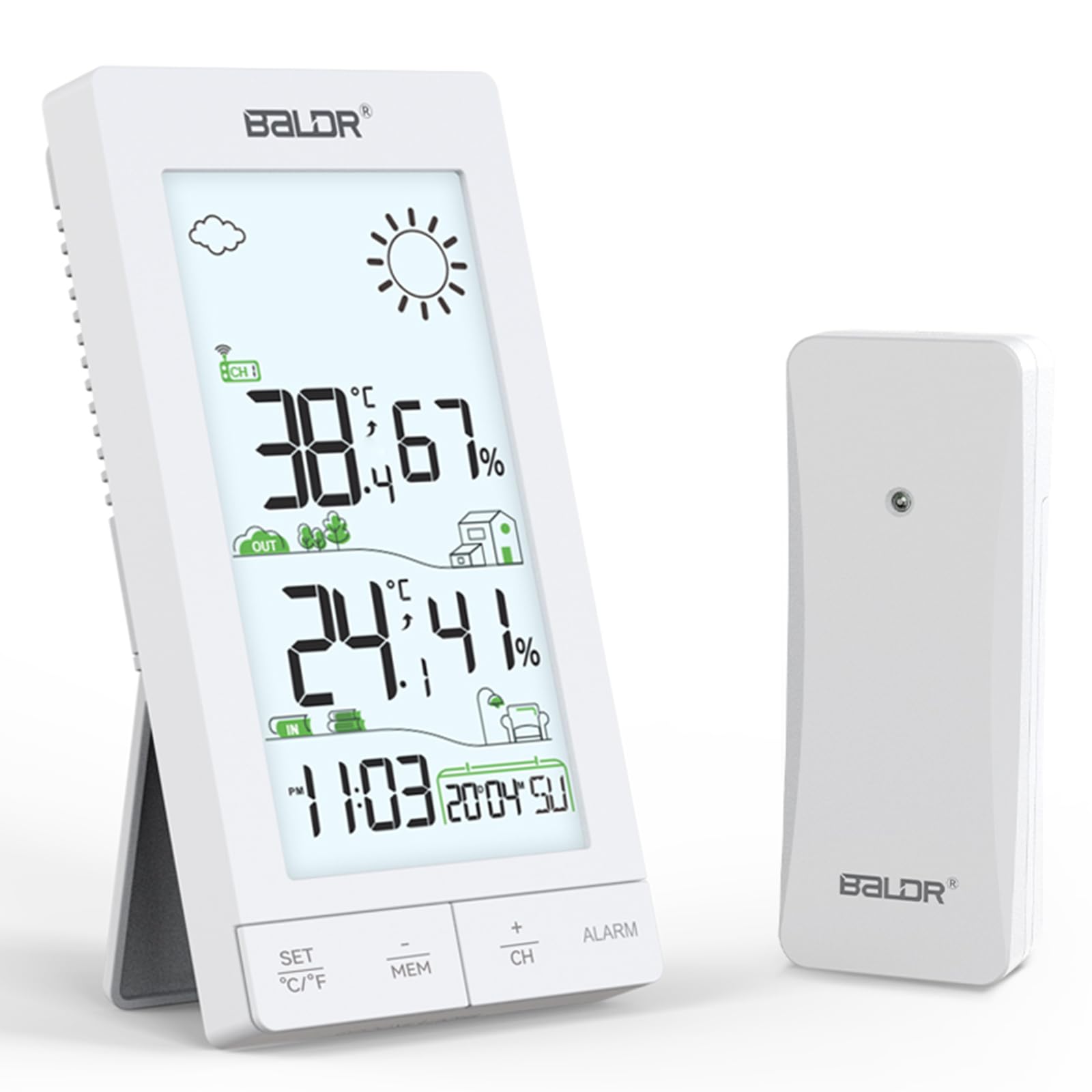 Estación Meteorológica Inalámbrica Con Sensor, Termómetro Interior Y Exterior Higrómetro Pantalla LCD De 6,0" Previsión Del Tiempo Día Semana Reloj Despertador Función Retroiluminación (White)
