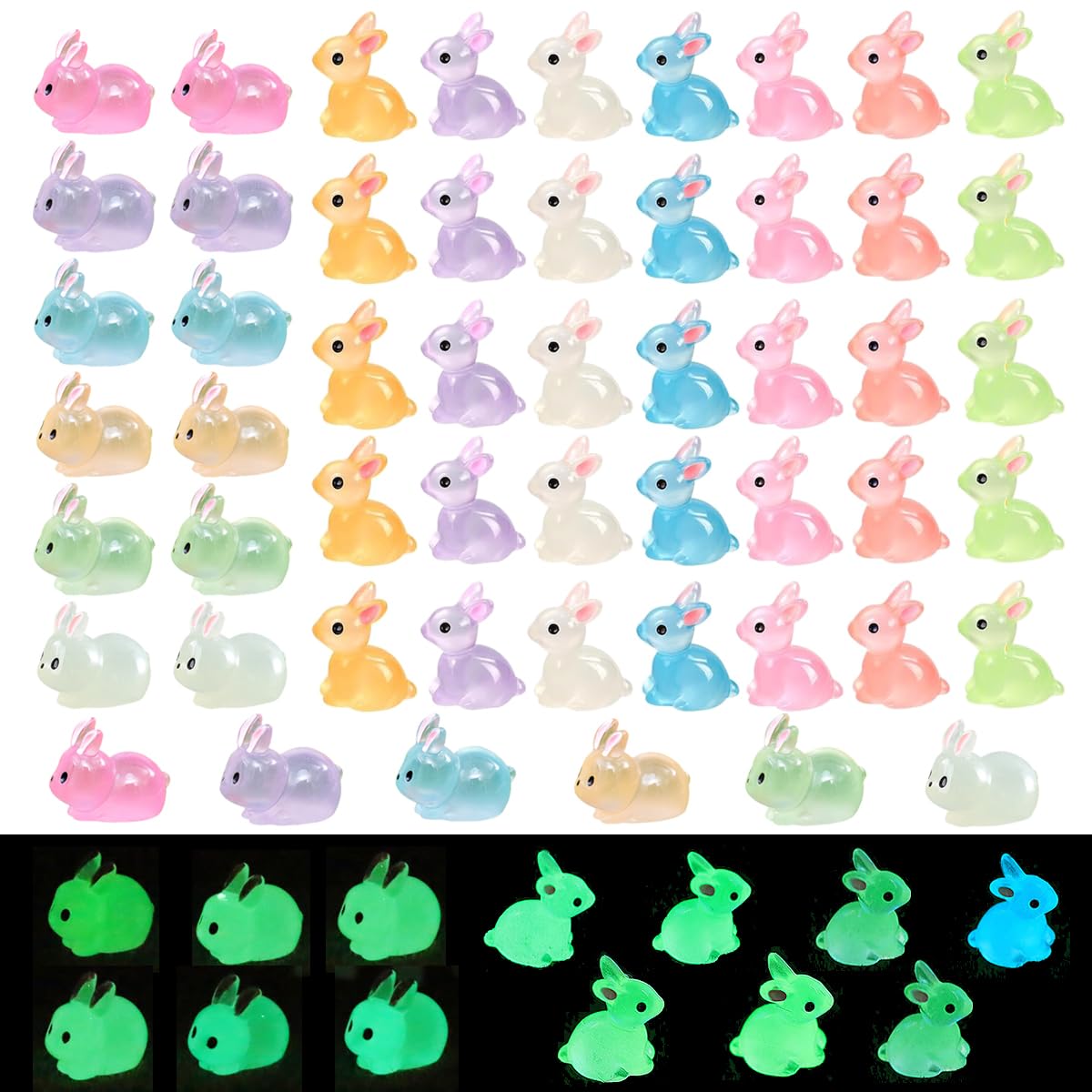 HUORV 53Pcs Easter Mini Resin Bunny Glow in the Dark Luminous for Dollhouse Accessories, Micro Fairy Garden Decor, Easter Egg Fillers, Party DIY Craft with Tiny Little Bunnies Animals