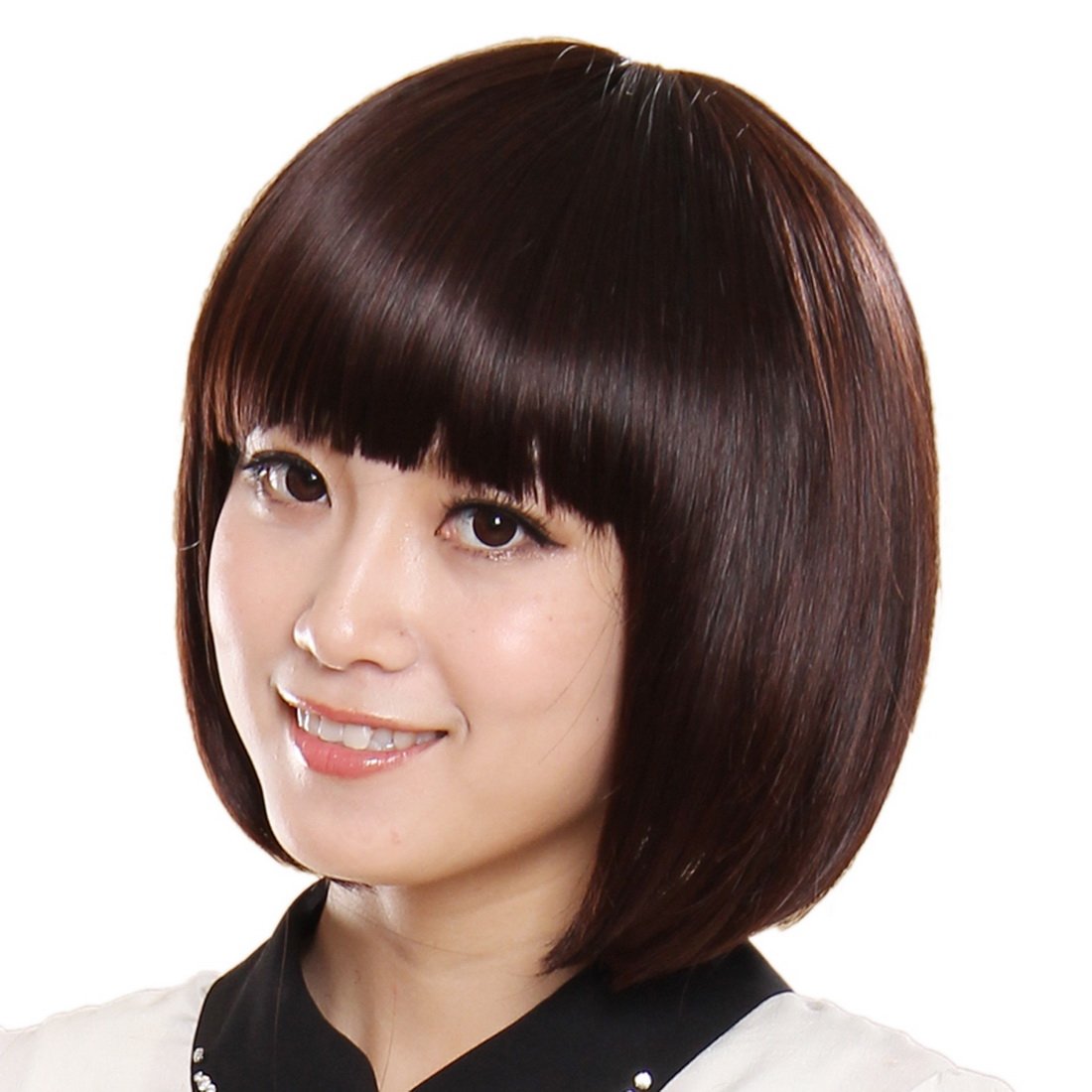 HOOLAZAWoman Dark Brown Medium Bob Hair Bangs Straight Smoothly Wig Natural Looking Short Hair Replacement