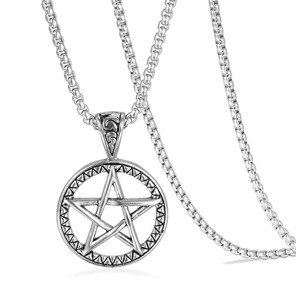 Vintage Stainless Steel Pentagram Pendant Necklace for Men Women Wiccan Necklaces with 24 inch Chain (Silver)