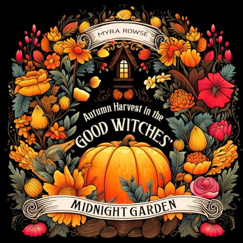 Image of Autumn Harvest in the Good Witches' Midnight Garden: A Witchy Cottagecore Fall Coloring Book for Adults Featuring Mystical Cozy Scenes, Whimsical Pumpkins, and Bizarre Trinkets on Black Background