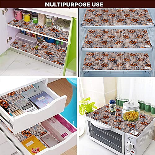 Image of Polyester 3-Layered Fridge Top Cover /Refrigerator Cover With Utility Pockets and Set of 4 Pc. Fridge Mat (Color-Check Floral Brown, Size-39x21 Inches)
