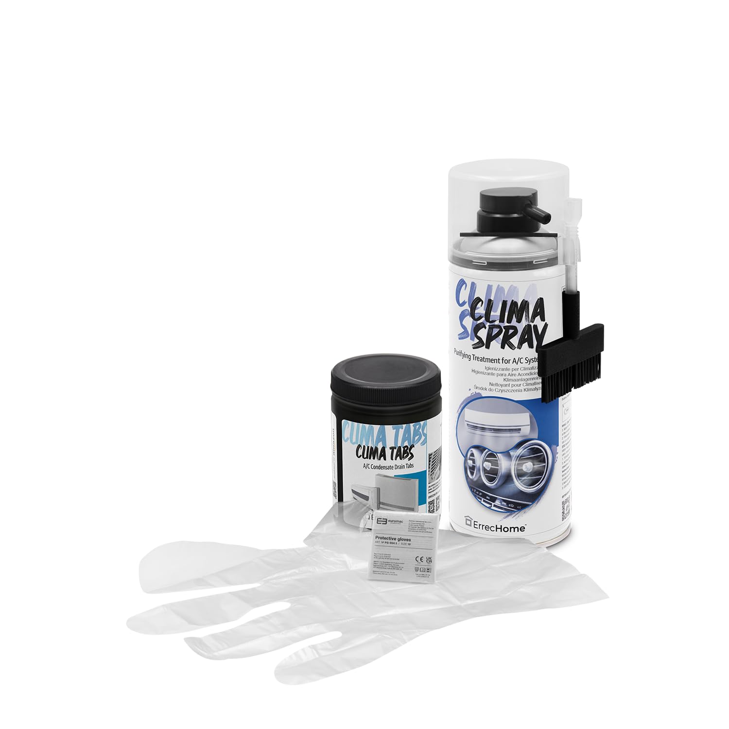 ERRECHOME Cleaning Kit for Air Conditioners, includes Clima Spray PRO Air Conditioner Cleaner with Hard Bristle Dispenser Brush, Clima Tabs 40 Tabs for A/C Condensate Drain,Disposable Gloves