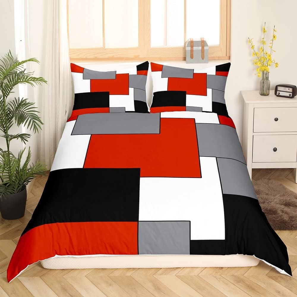 Homewish Juego de funda de edredón para adolescentes, tamaño super king, diseño geométrico cuadrado, líneas de rayas, para jóvenes, funda de edredón de cuadrícula abstracta moderna, suave, para niños