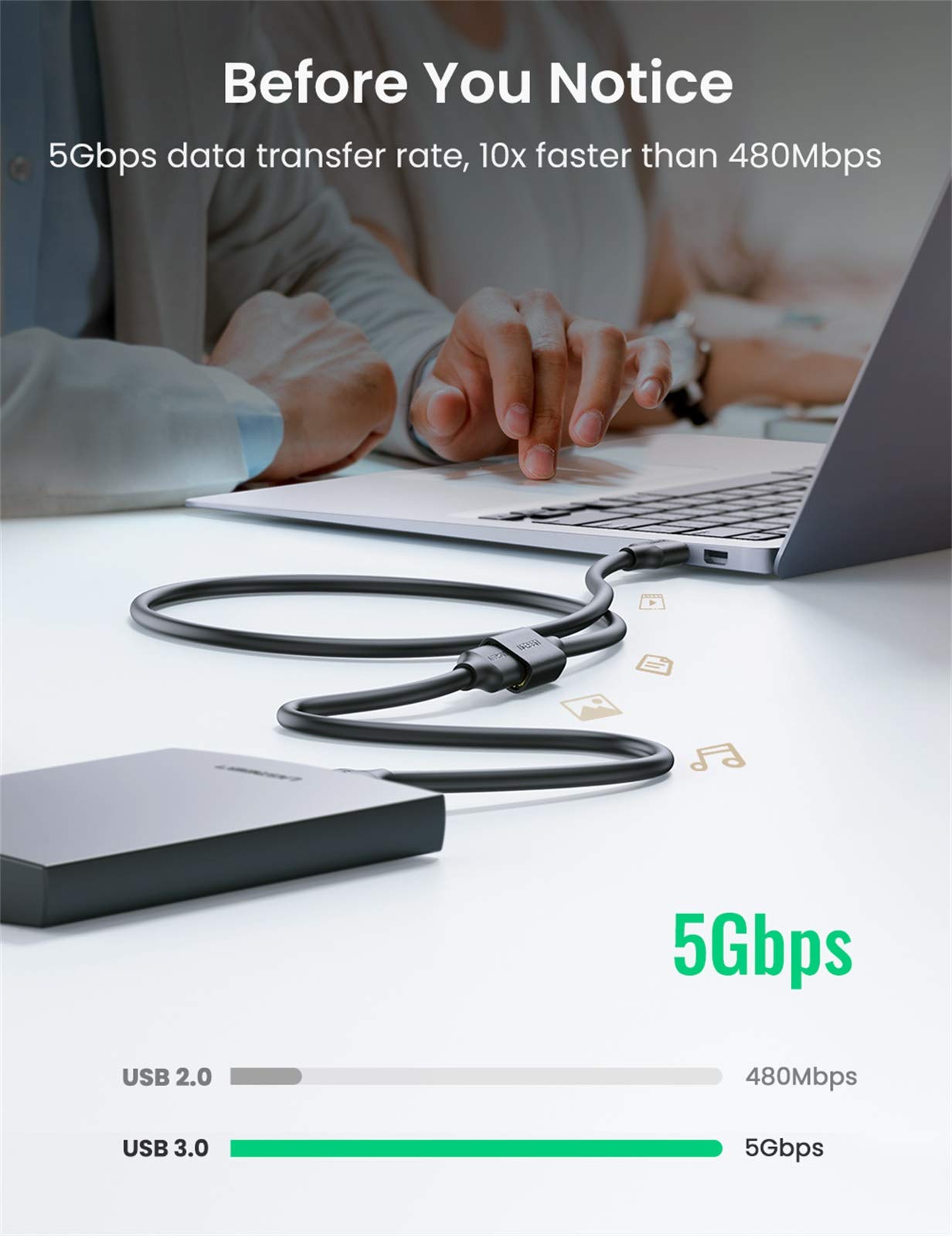 USB 3.0 Verlängerungskabel 1m – 90° Winkel-Stecker, Für Datenübertragung Bis 5 Gbit/s & Laden, Für Laptop, Drucker, Auto