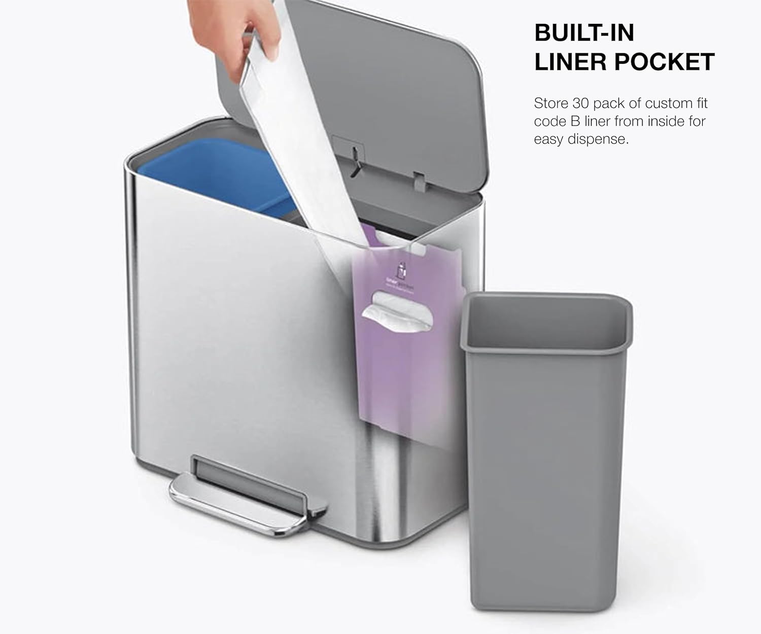 simplehuman Mini Step Recycler, 15L / 4 Gallon Dual Compartment Trash Can for Hotel, Offices, Studios & Small Spaces, 150,000-Step Strong Steel Pedal, Lid Shox® Technology, White Stainless Steel