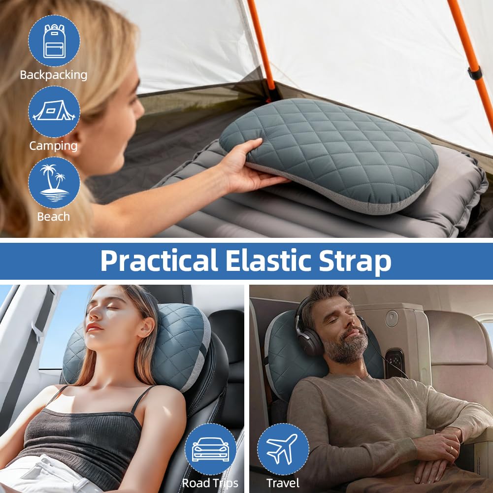 Beugo Almohada Inflable para Viaje/Acampar, Almohada Hinchable Playa portátil TPU, Almohadas de Viaje Comprimible con Funda extraíble y Bolsa, ergonómica, para Oficina, Picnic, Playa, Viajes, Gris