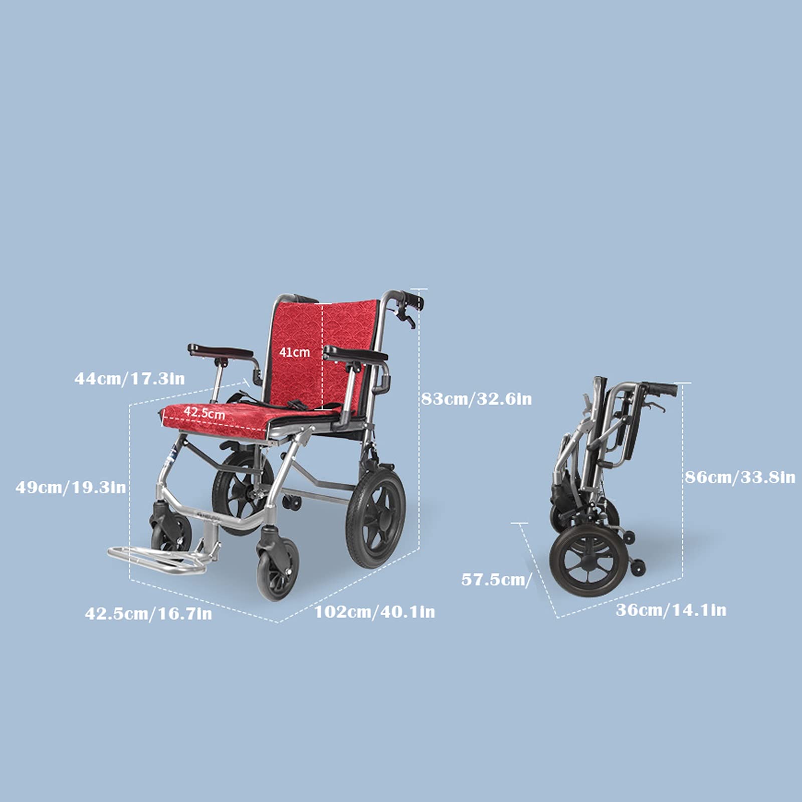 ultraligera Silla de ruedas Silla de transporte plegable con reposapiés en silla de ruedas plegable ultraligero con freno de mano, silla de ruedas de viaje adecuada para ancianos y niños, 16.5 en asie