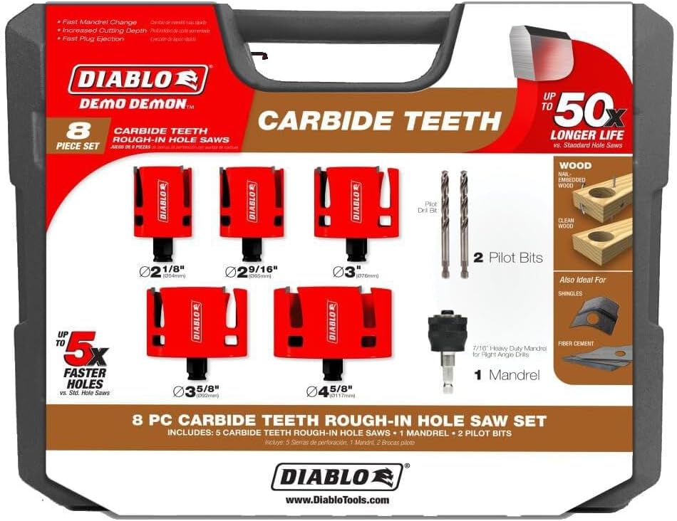Diablo Demo Demon Carbide Teeth Rough - In Hole Saw Set - Compatible with SnapLock Plus Mandrel System - 2-1/8 to 4-5/8" Diameter, 2-3/8" Length, 8 Pieces - DHS08SCTR