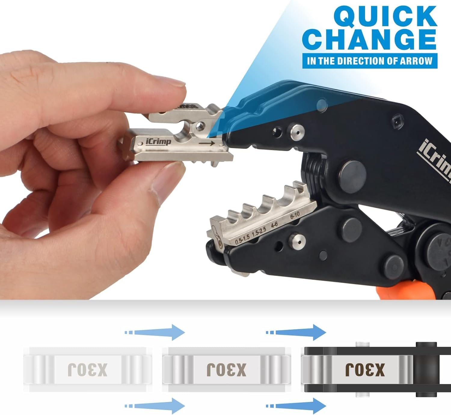 iCrimp Quick Change Ratcheting Wire Crimper Tool Set for Insulated, Heat Shrink, Non-Insulated Terminals, Battery Cable Lugs, IWS4 Solar connectors, Wire Ferrules, 8 Pieces with Wire Stripper